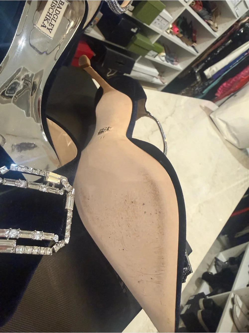 BADGLEY MISCHKA ankle Strap Embellished Marlow navy Stiletto with crystal New 11